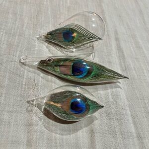 Set of 3 Vintage Glass Ornaments with Peacock Feather Design